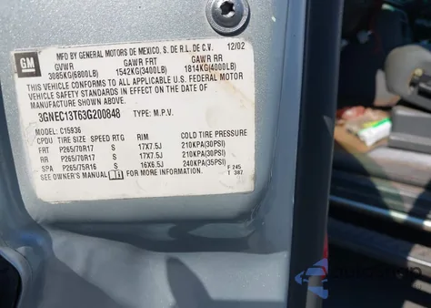 2003 Chevrolet Avalanche 1500 z USA, uszkodzony, nr VIN 3GNEC13T63G200848